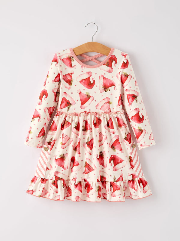 winter-christmas-santa-hat-print-girls-pocket-ruffle-dress-Sophia's Style-Dress-1